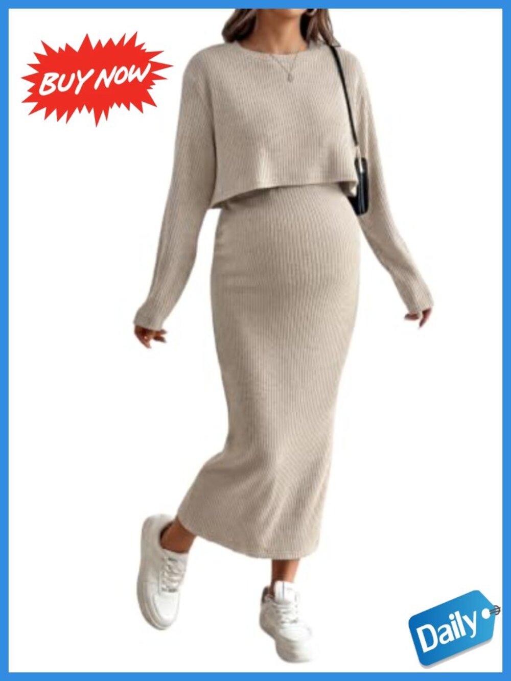 Maternity 2 Piece Ribbed Knit Crop Top and Midi Skirt Set